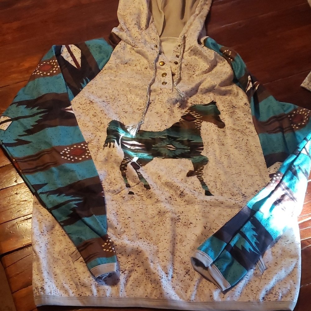 Horse Print Hoodie with Blue and Brown Accents